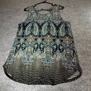 AUW Womens Large Paisley Damask Sleeveless Blouse Blue Black Keyhole Back Top